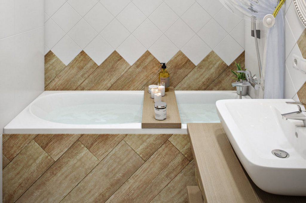 Fahatású és négyzet alakú fehér csempe fürdőszobában - diagonál burkolás, átlósan - tipp